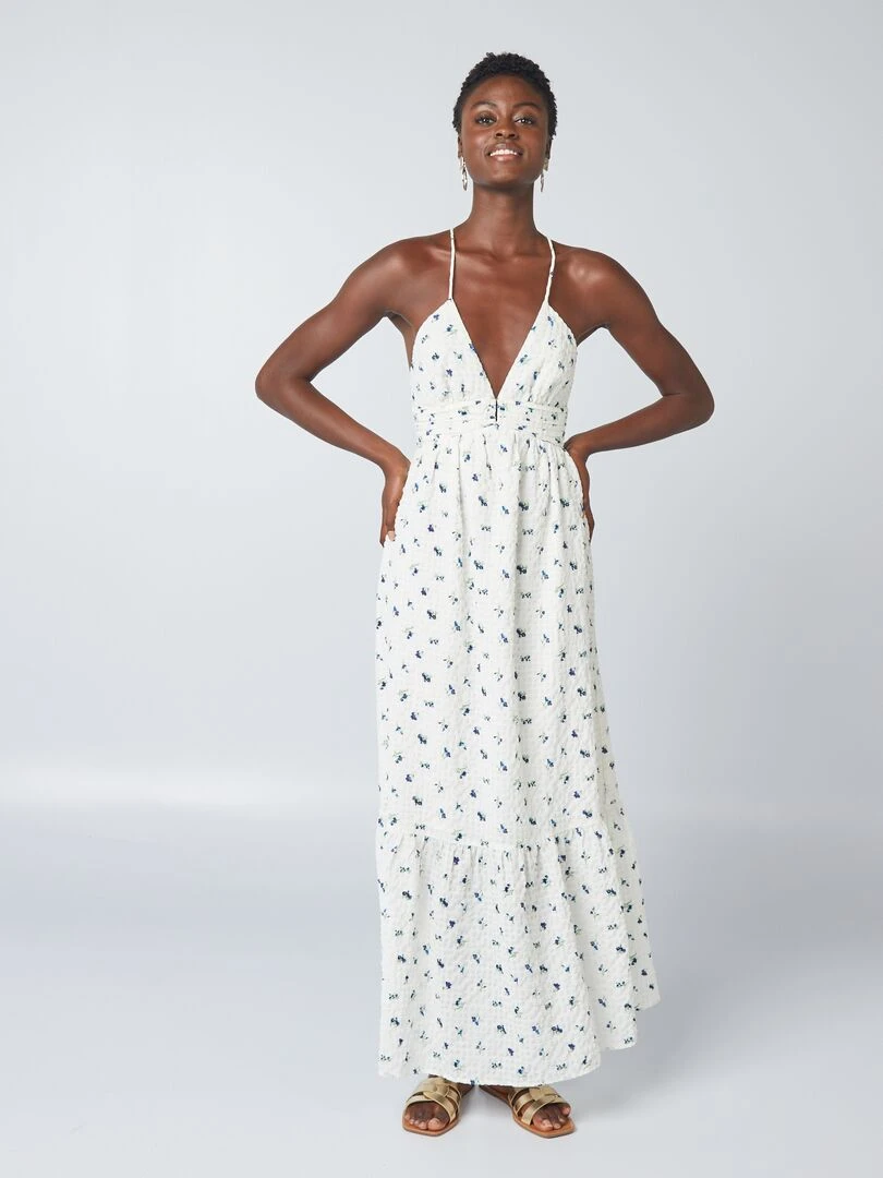 Robe longue imprimée à fines bretelles   Blanc