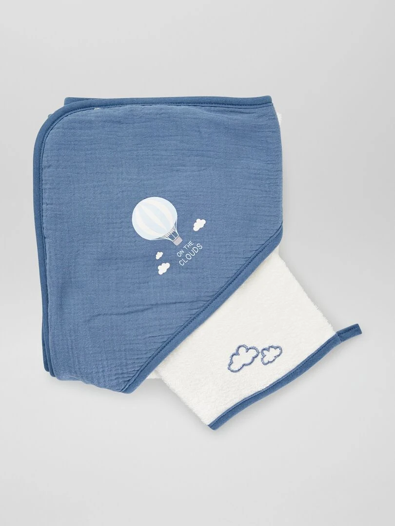 Cape de bain + gant de toilette 2 pièces Bleu/blanc