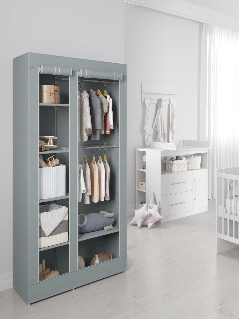 Armoire de rangement à 2 penderies et 6 compartiments en tissu 'ROBA' Little Stars Gris Vert