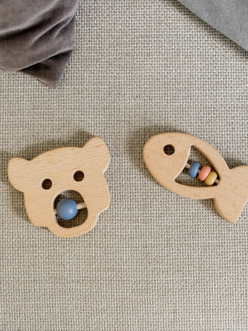 Set de 2 anneaux de dentition animaux en bois   Gris