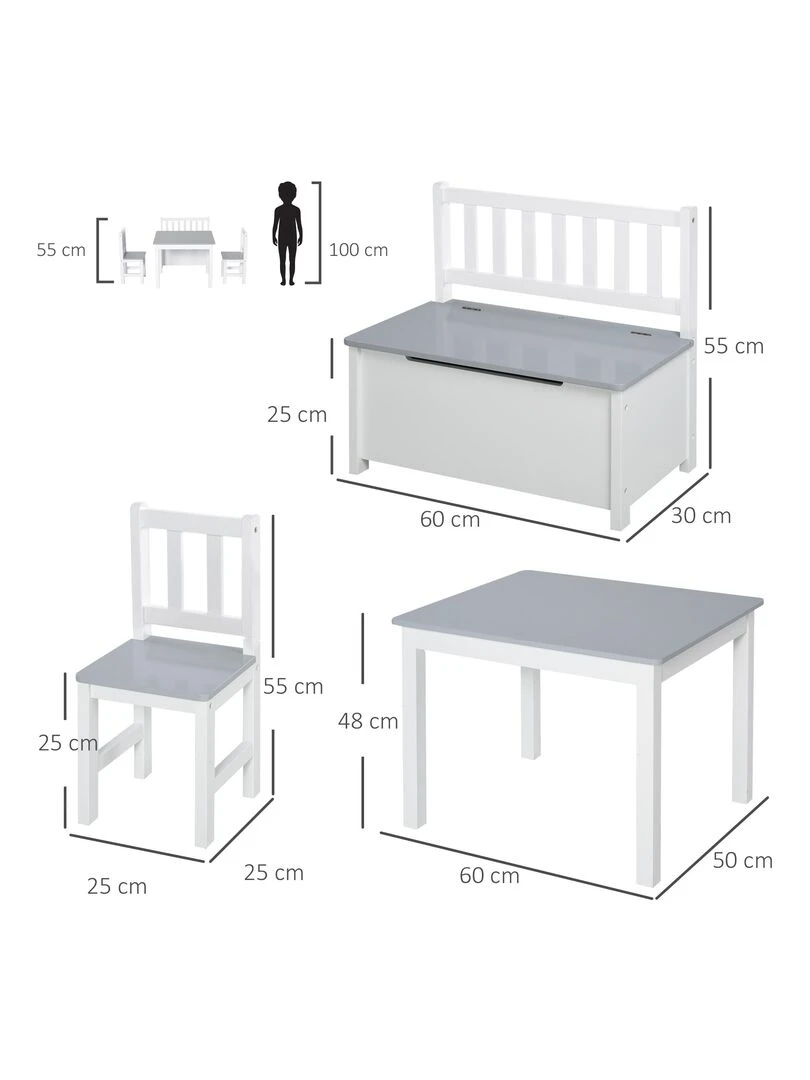 Ensemble table chaises enfant   set de 4 pcs   table  2 chaises  banc coffre 2 en 1   MDF pin   Gris