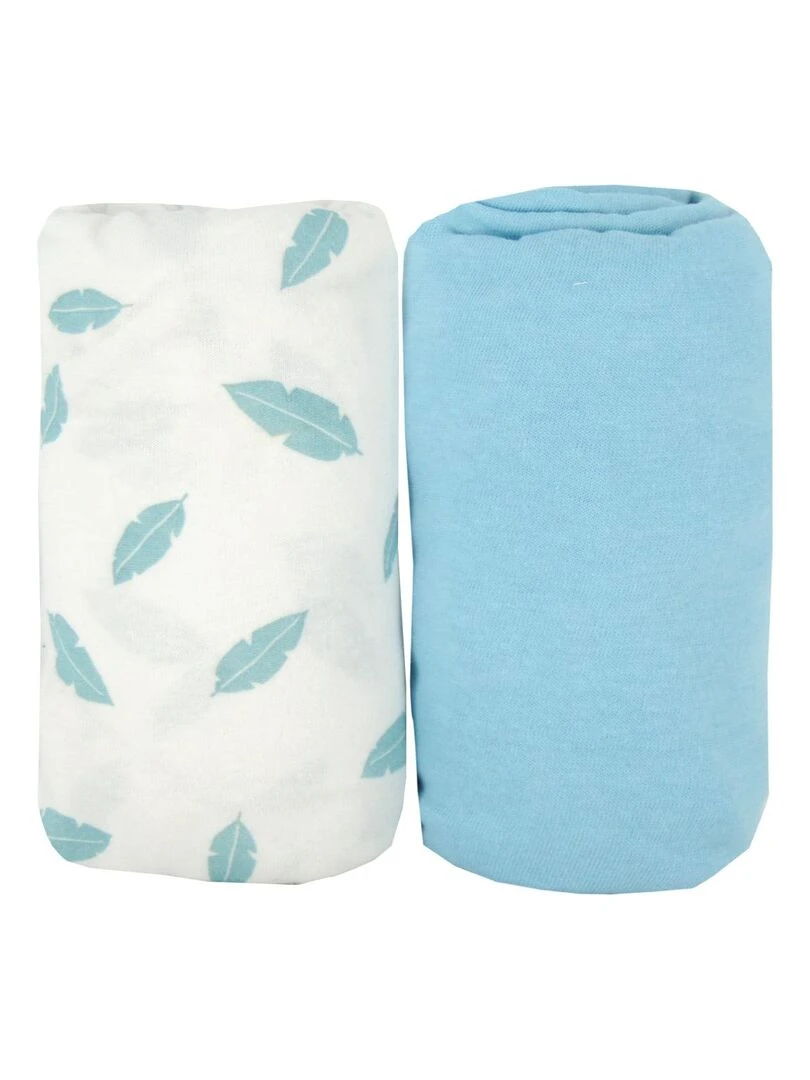 Lot de 2 draps housse 60x120x15 cm   Plumes bleues   Bleu