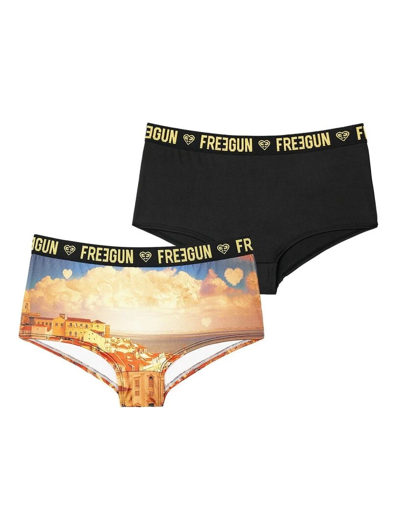 Lot de 2 shortys fille Romantic Cities Orange Freegun Noir