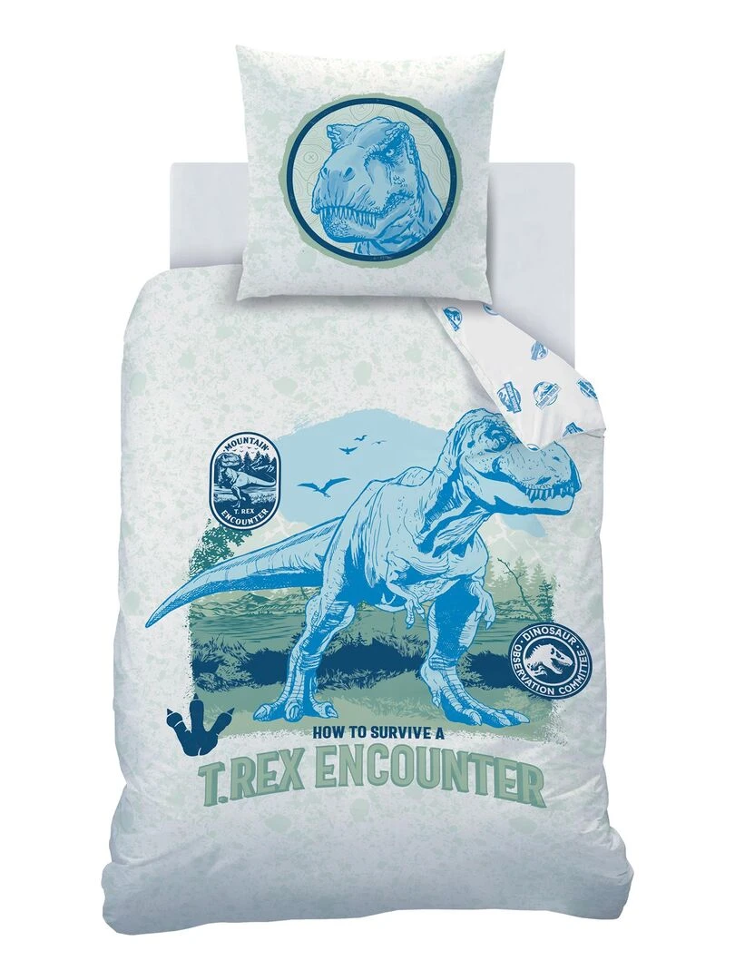 Parure de lit imprimée 100% coton  JURASSIC WORLD ENCOUNTER   Blanc Bleu