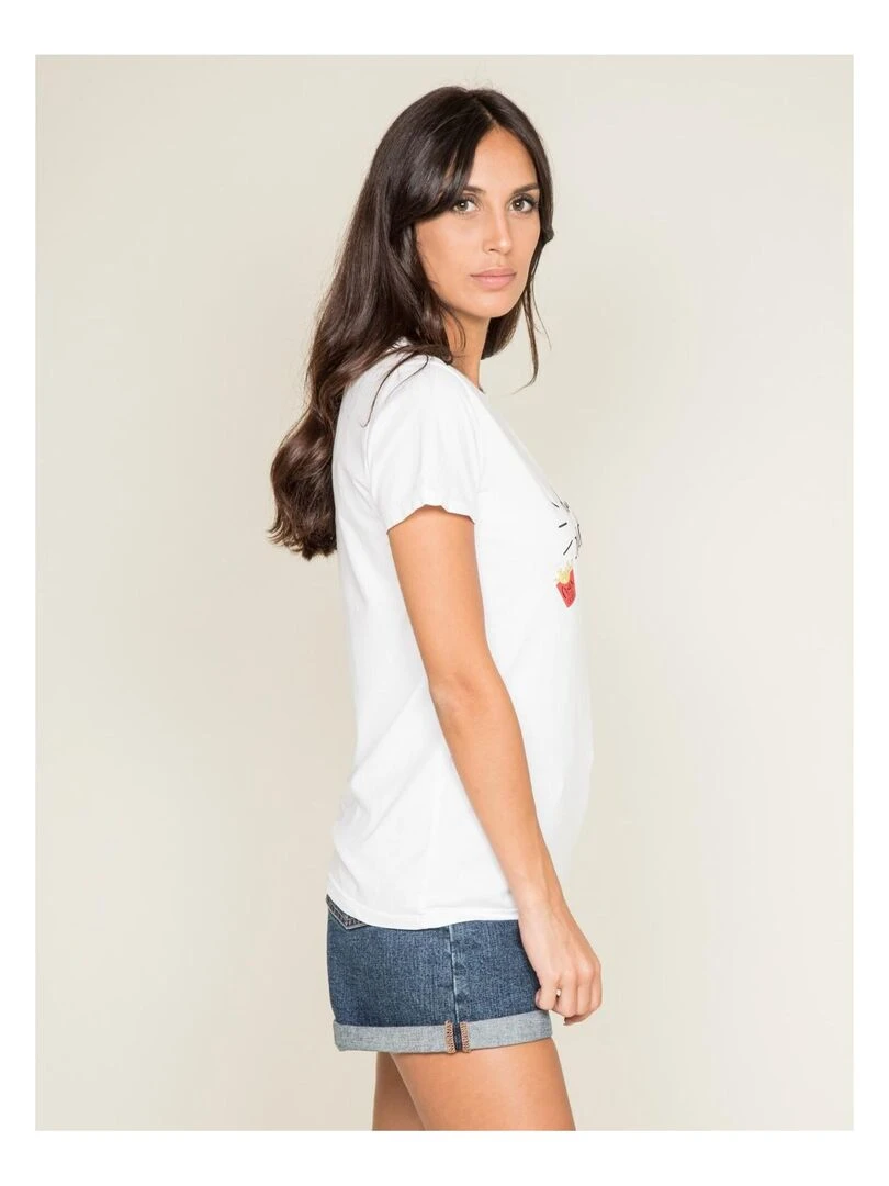 T shirt col rond message FLETY Blanc