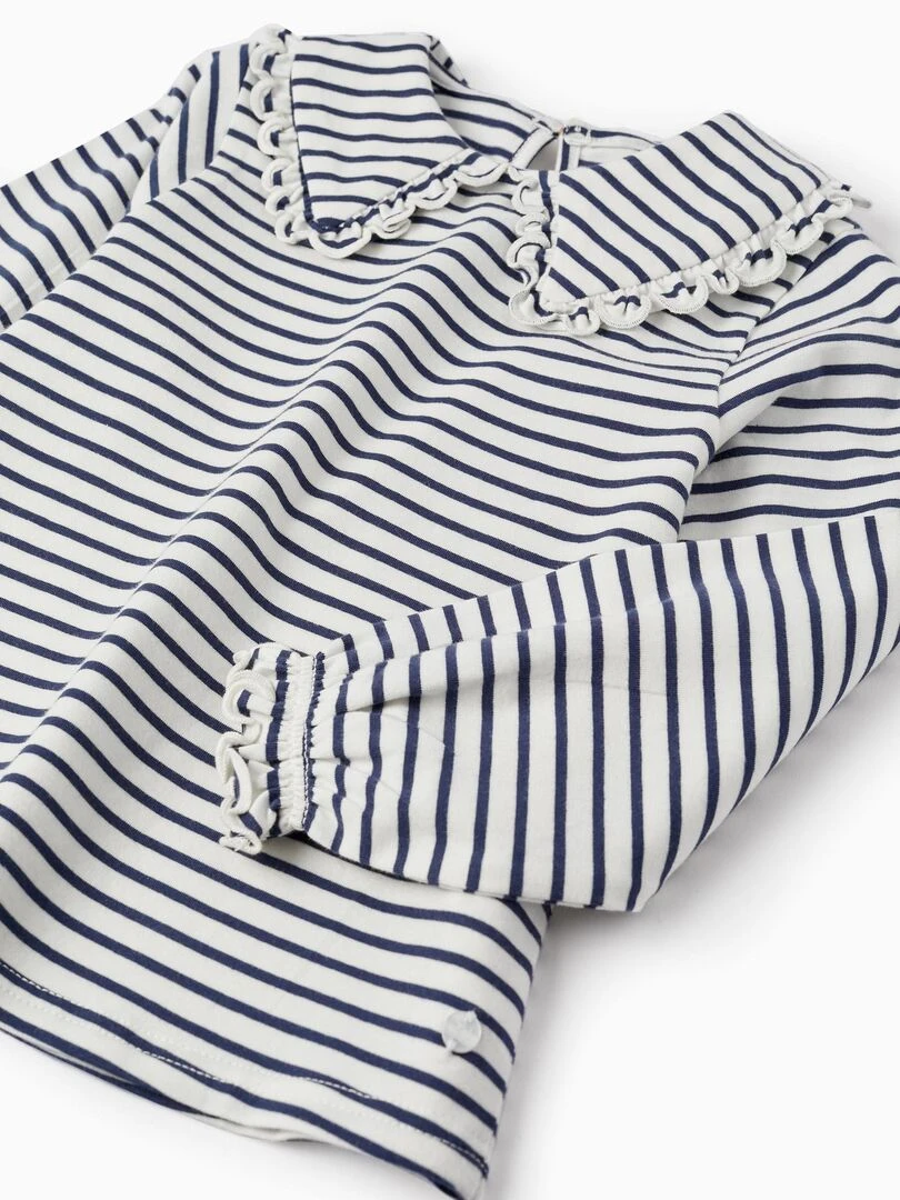 T shirt à Manches Longues à Rayures avec Col et Volants pour Fille manches longues SPRING BEGINS   Bleu foncé