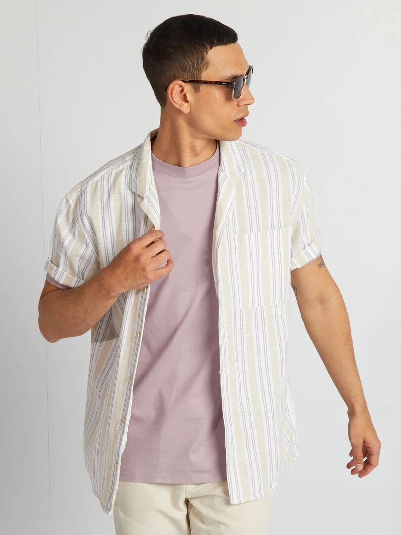 Chemise à rayures et manches courtes Kaki/beige/blanc