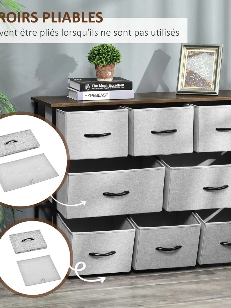 Commode meuble de rangement 8 tiroirs pliables en tissu 100 x 30 x 78 5 cm   Gris