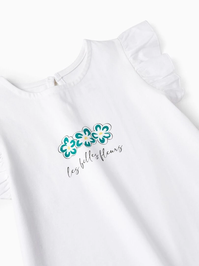 T shirt En Coton à Volants Pour Fille 'Fleurs' manches courtes MATISSE   Blanc