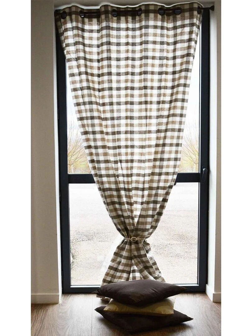 Rideau ameublement tissé et teint motif 'Carreaux' Beige