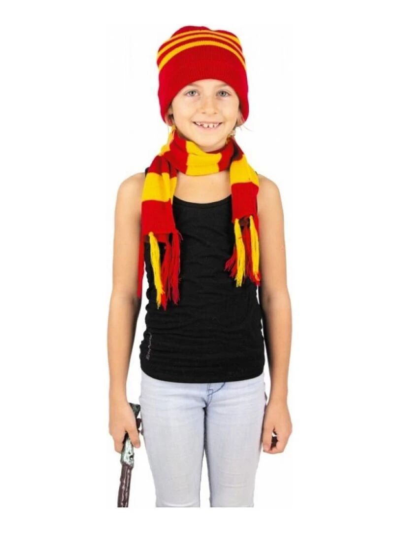 Bonnet et echarpe rayes en tricot Jaune