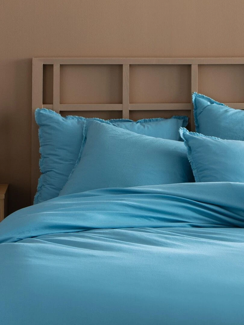 Parure de lit unie en coton taies à franges  COTON LAVÉ   Bleu ciel