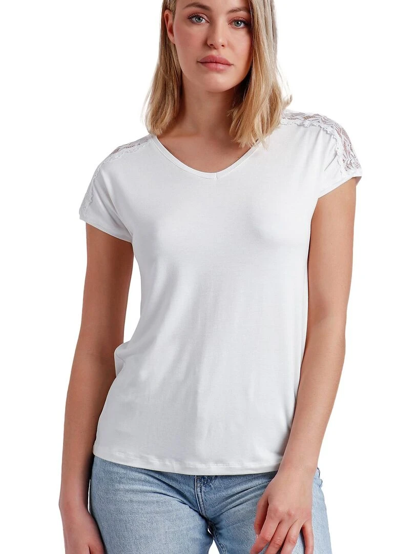 T shirt manches courtes Puntilla Hombro Ecru
