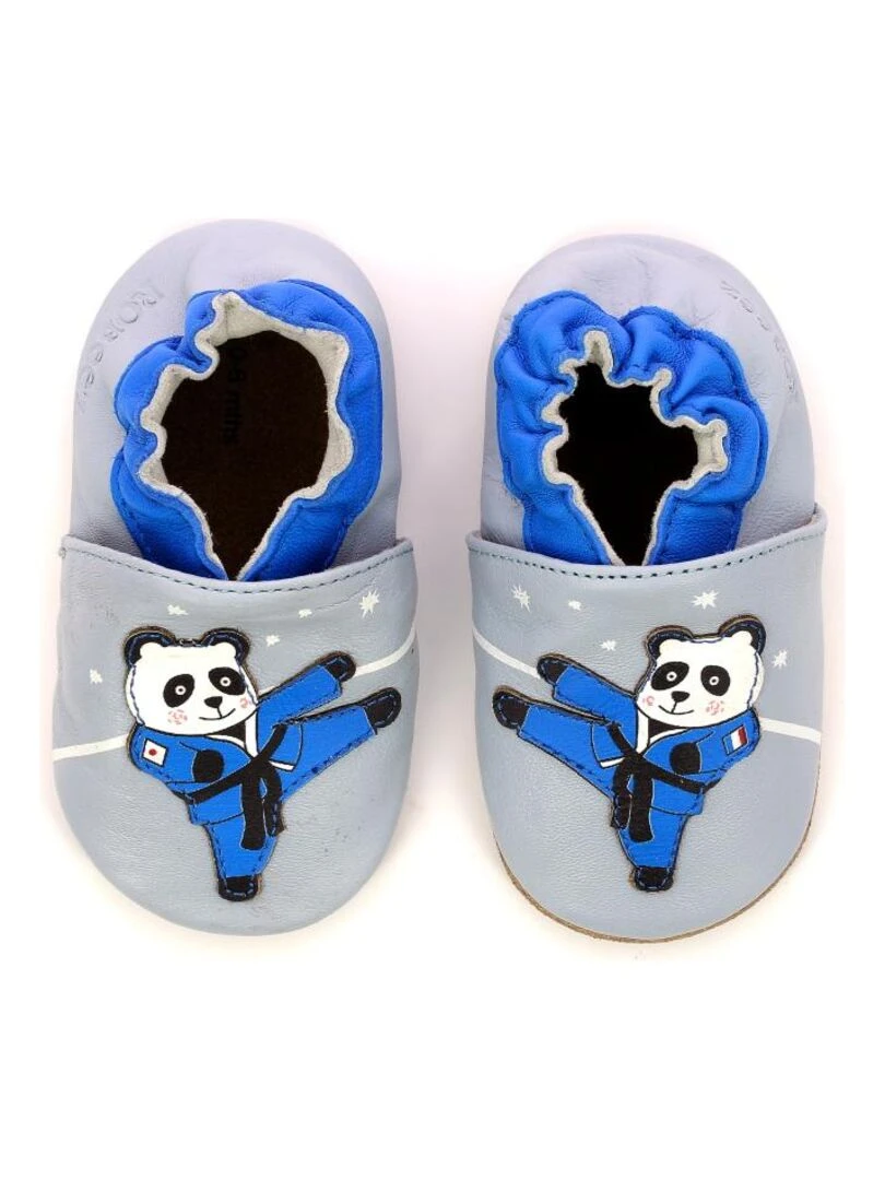 Chaussons Cuir Karate Panda Bleu