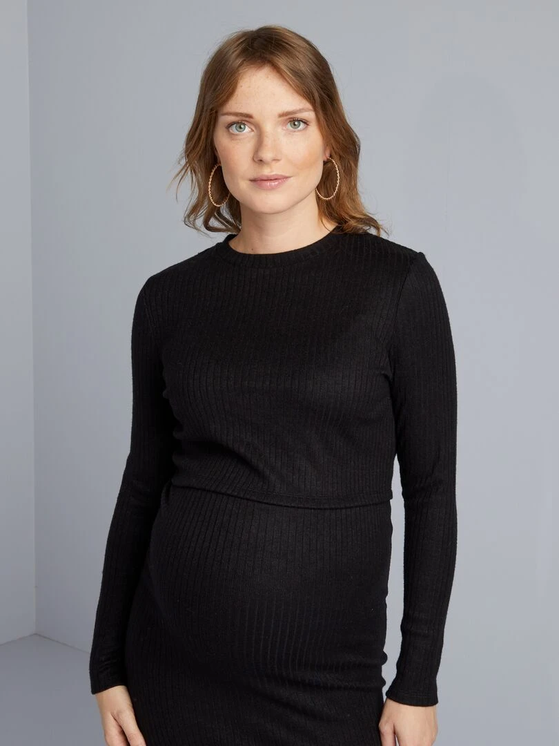 Pull cropped grossesse en maille côtelée   noir