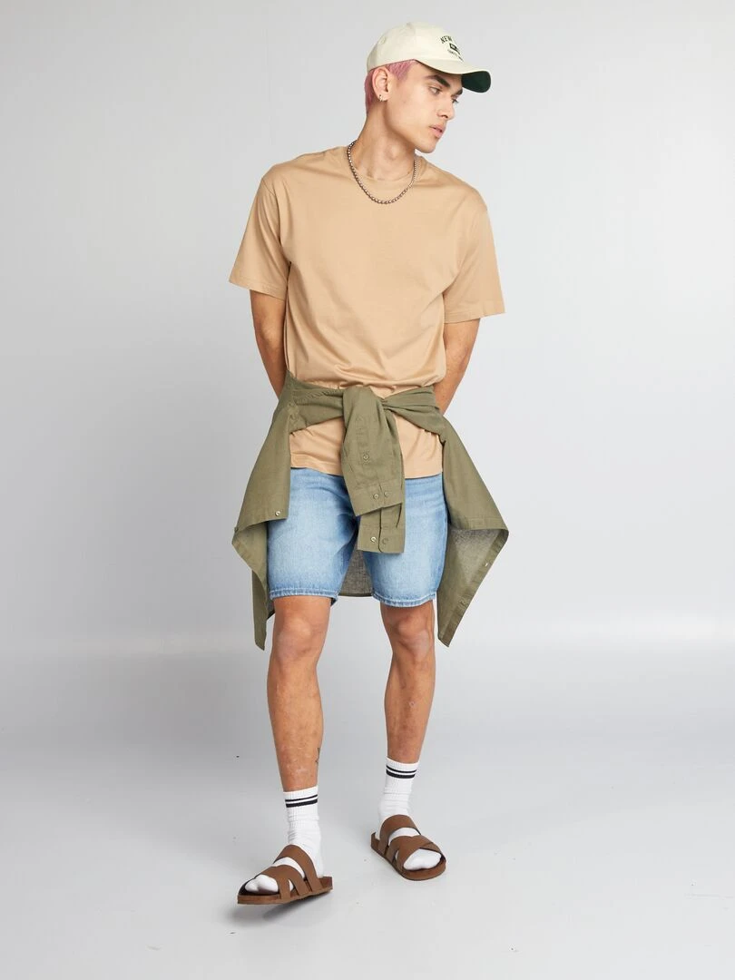 T shirt uni à col rond Beige