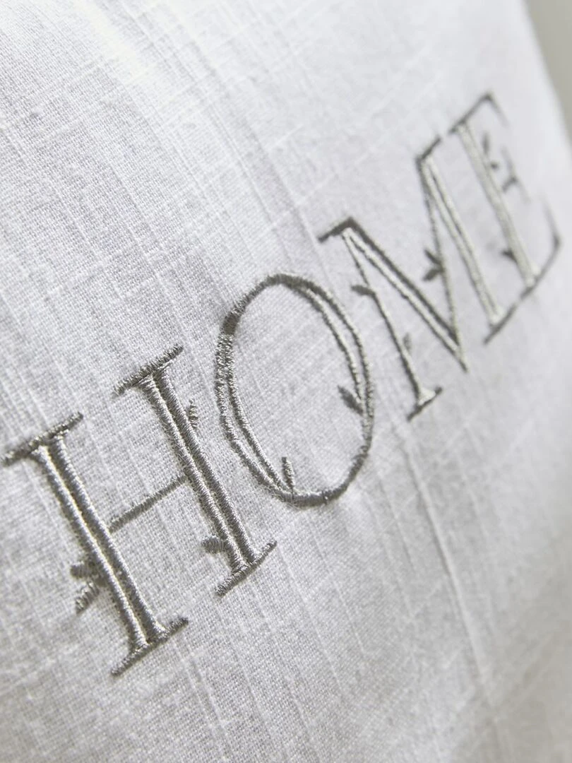 Coussin brodé déhoussable en coton blanc/gris