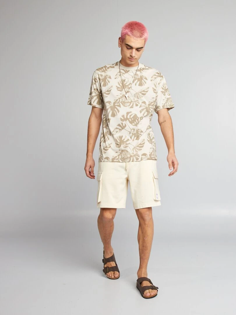 T shirt à col rond avec imprimé Beige 'feuilles'