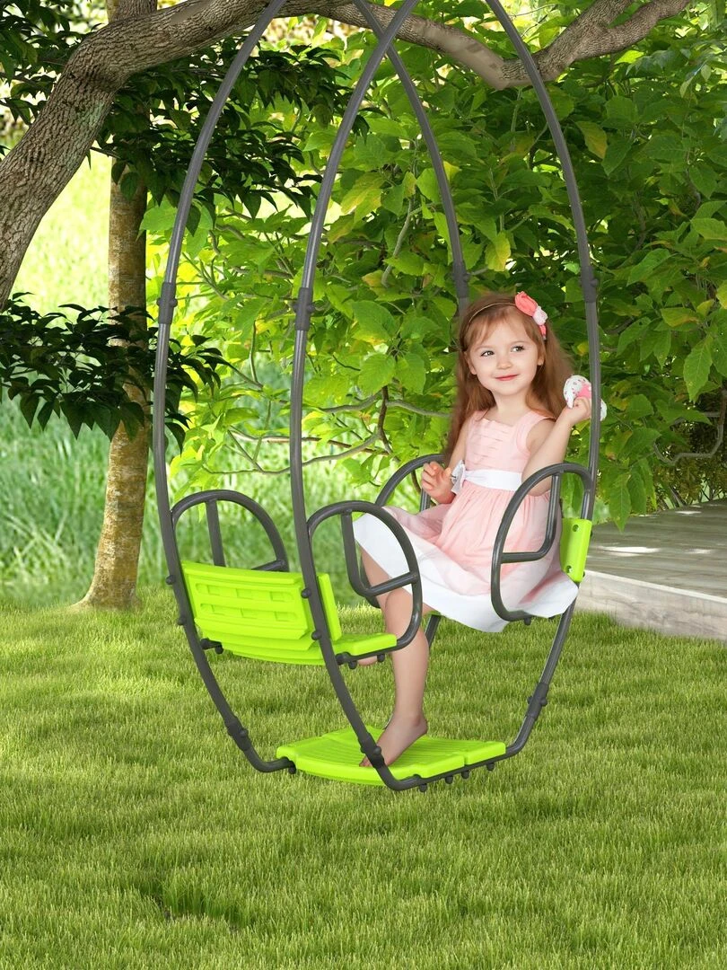 Balançoire agrès face à face enfant métal acier gris PE vert   Vert