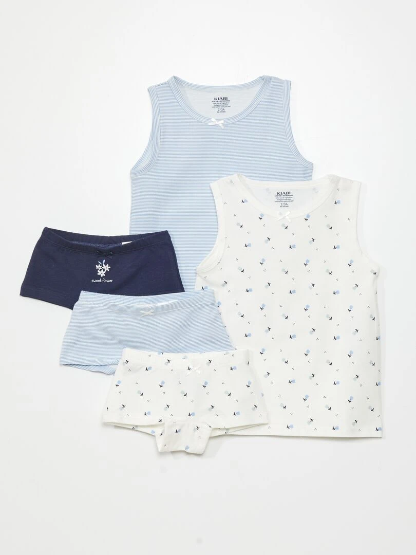 Lot de 2 t shirts + 3 shorties + 1 pochon 6 pièces Bleu