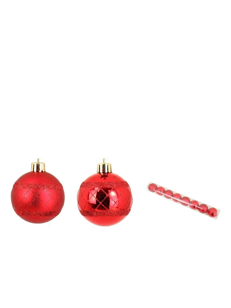 Set de 8 boules decor carreaux de noel Rouge