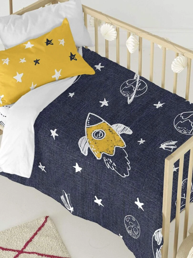 Parure housse de couette 2 pièces Starspace Berceau "Happyfriday" Bleu Jaune