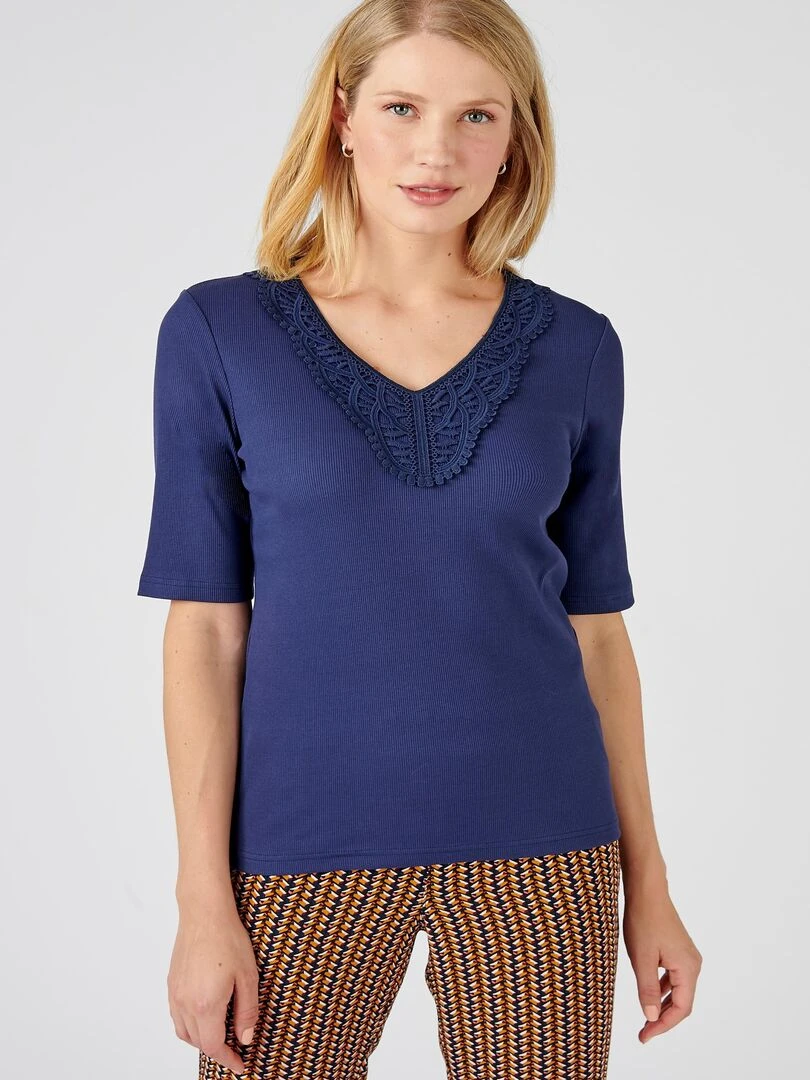 Tee shirt plastron à fines côtes. Damart Bleu nuit