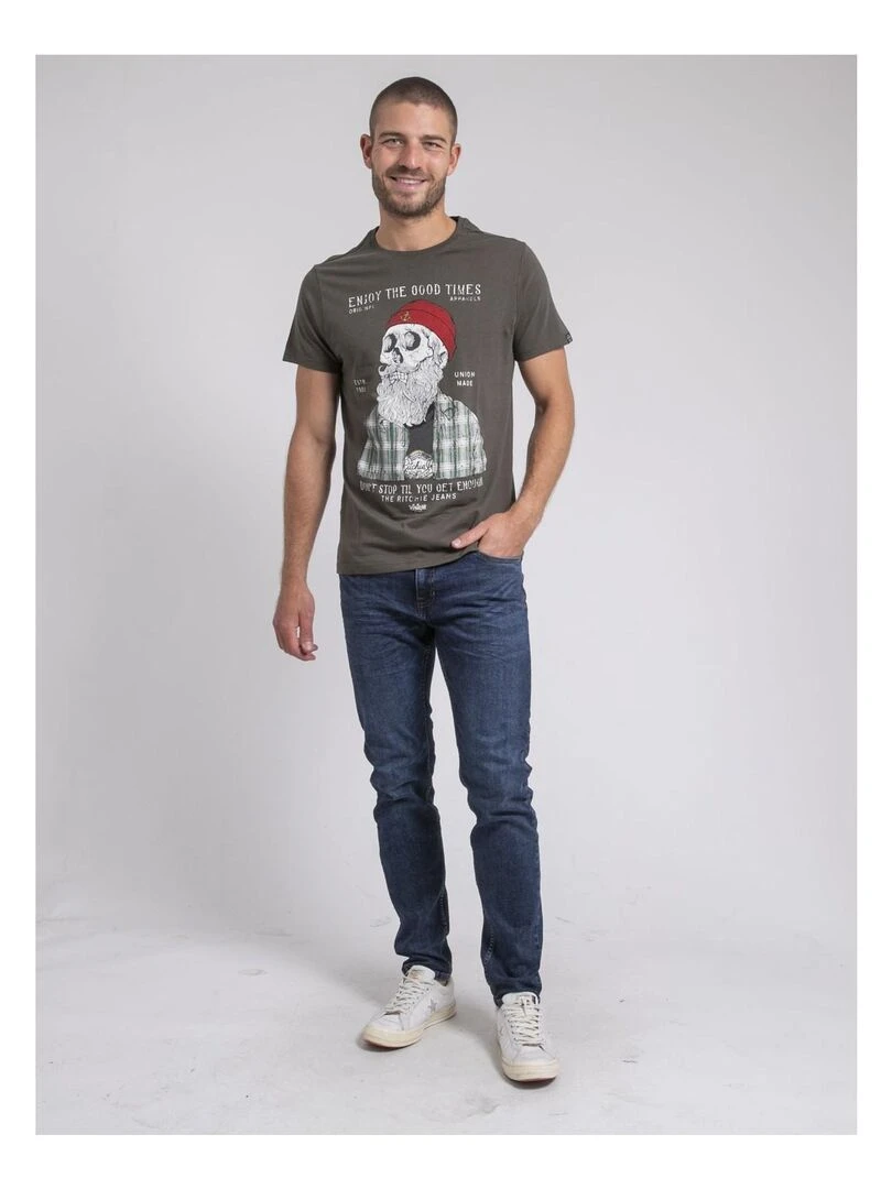 T shirt col rond pur coton JORUSTIX   Kaki