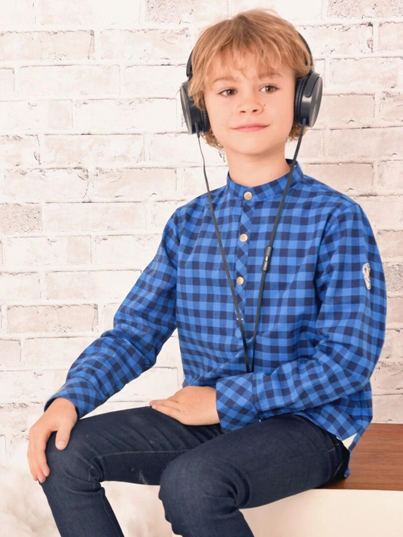 Chemise Col Mao Garçon Carreaux Vichy Bleus LIVERPOOL 'LA FAUTE A VOLTAIRE' Bleu Bleu marine Bleu