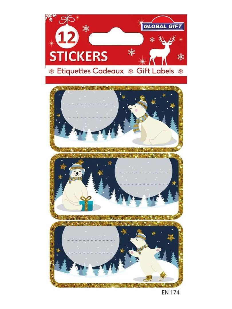 12 étiquettes adhésives de Noël Cerf Paillettes dorées N/A