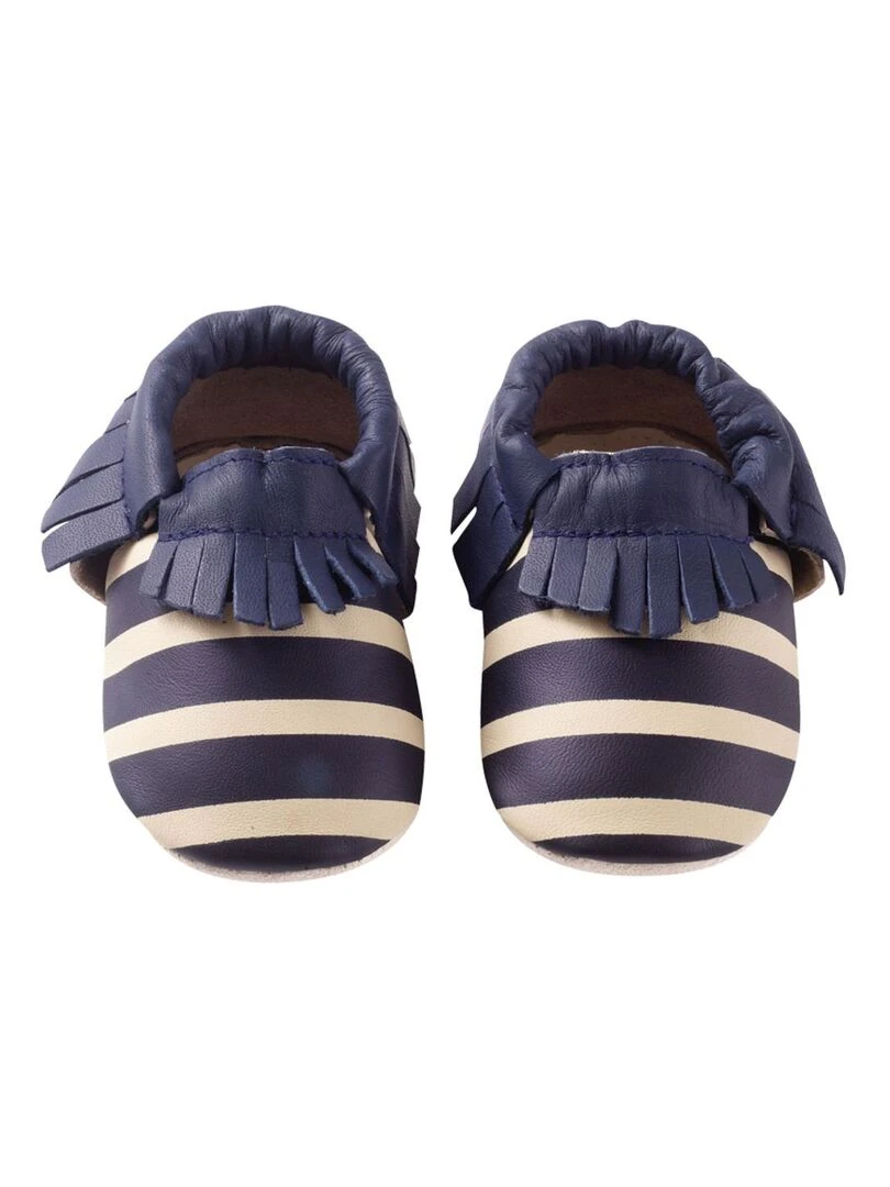 Chaussons cuir souple à franges Marcel rayé marine Bleu marine