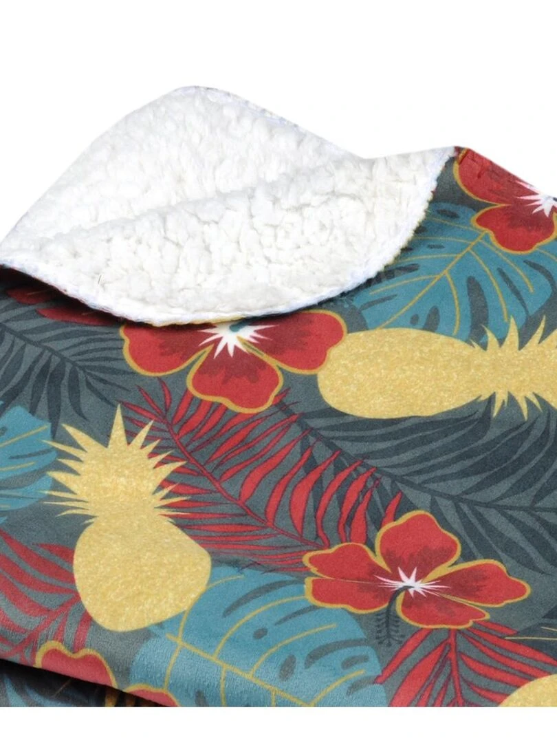 Plaid biface aux fleurs exotiques et colorées imitation fourrure Bleu pétrole