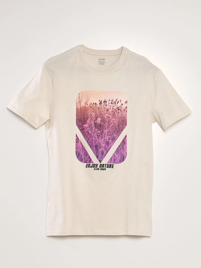 T shirt imprimé à col rond Beige