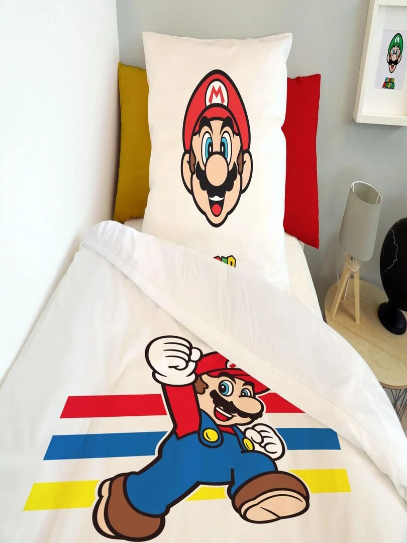 Housse de couette Mario & Luigi 140x200 cm et taie d'oreiller   100% Coton   Blanc