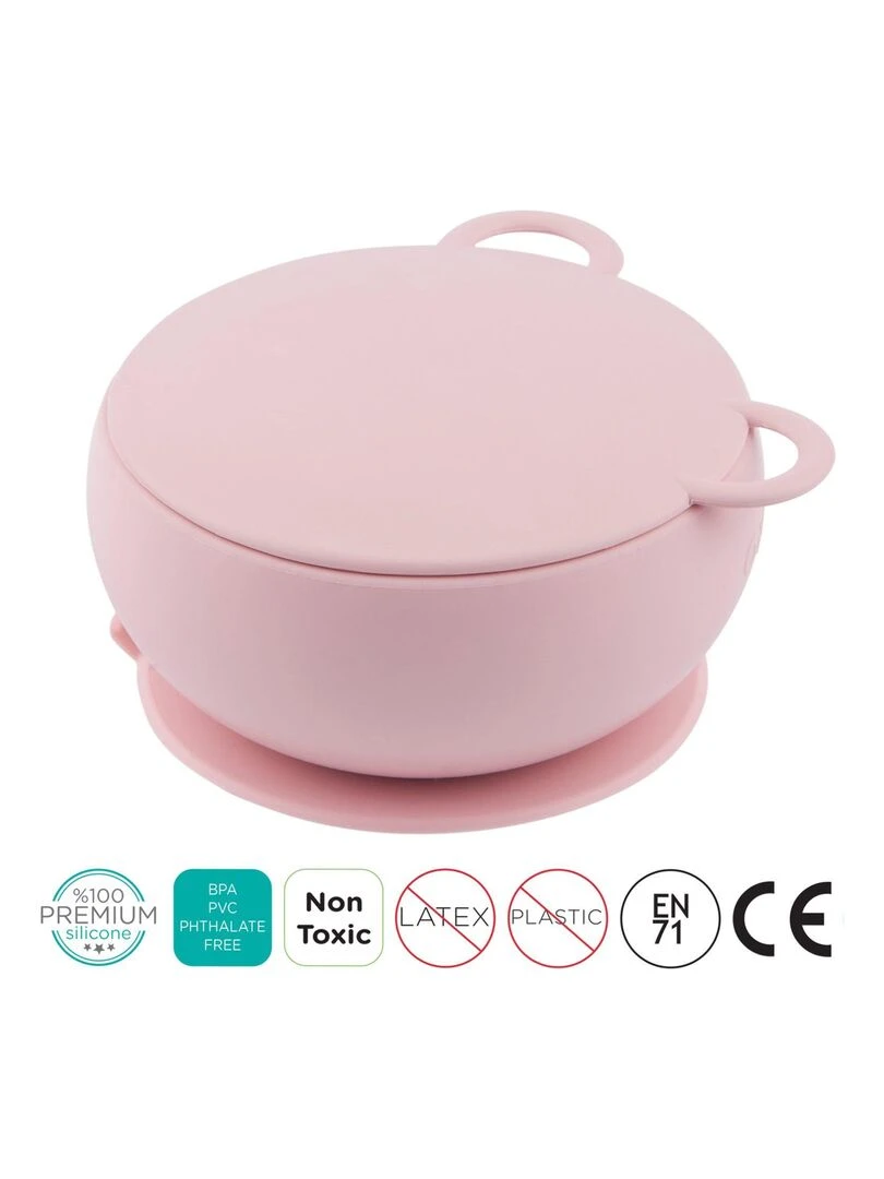 Bol bébé avec ventouse et couvercle en silicone Rose
