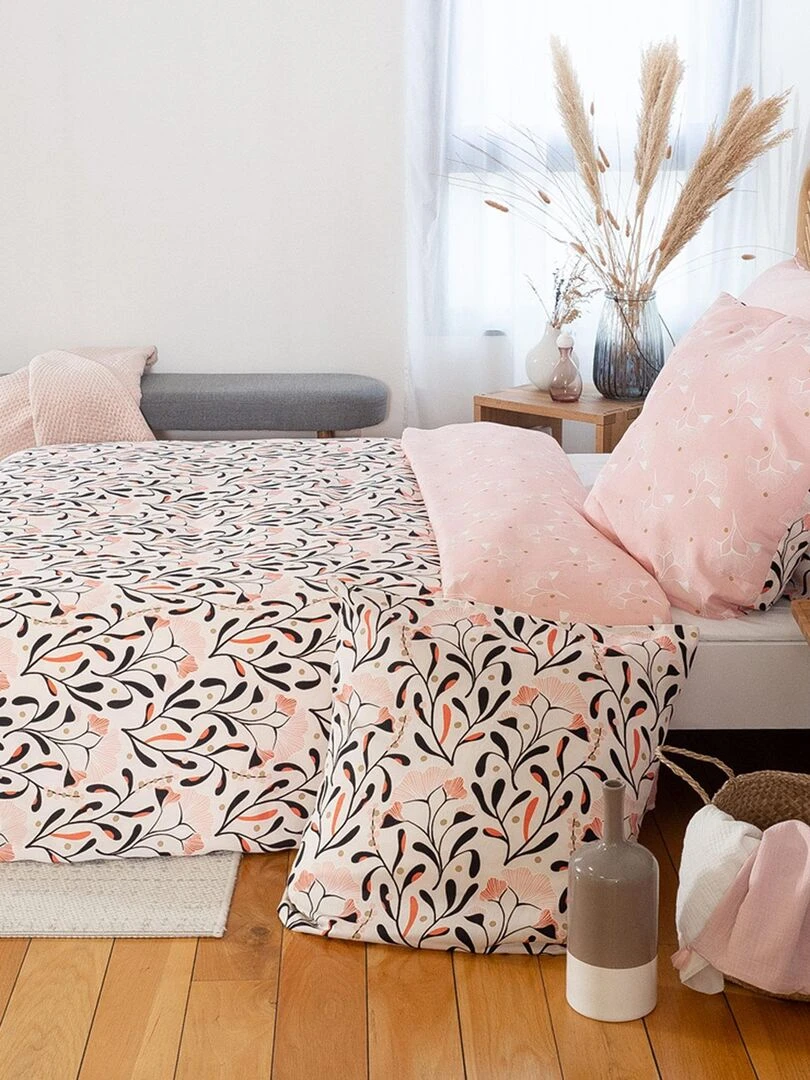 Parure de couette fleurie en satin de coton bio   Orange clair