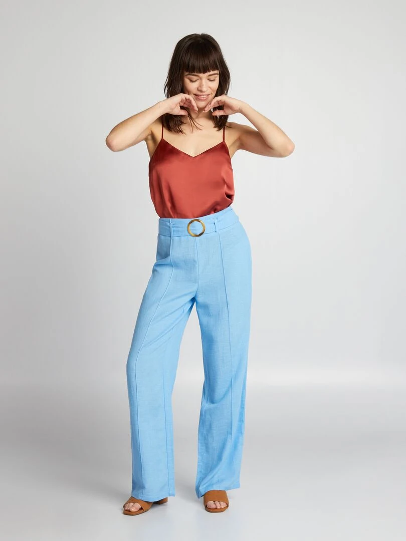 Pantalon large taille haute en lin Bleu