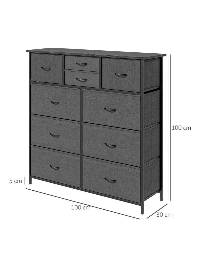 Rangement commode 10 tiroirs plateau acier MDF non tissé noir   Noir