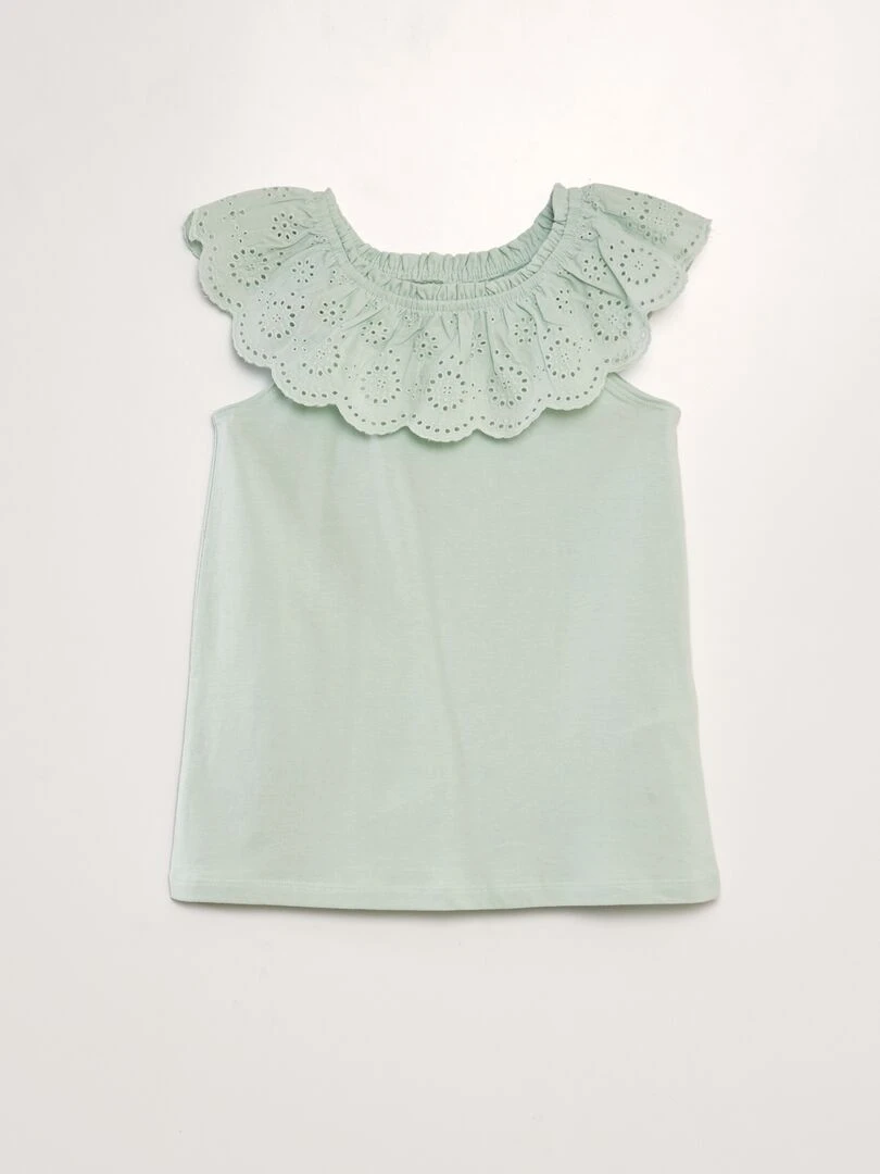 T shirt sans manches avec col brodé Vert