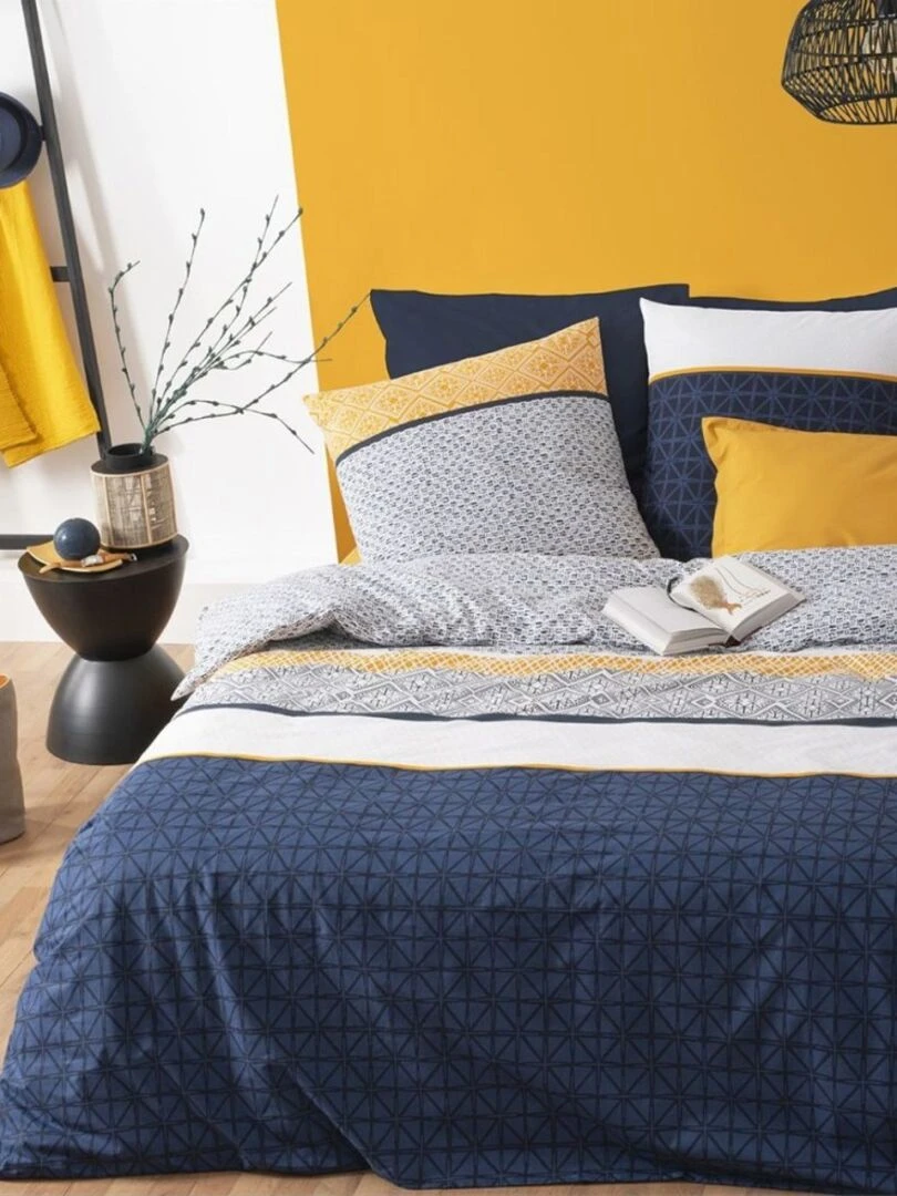 Housse de couette 220x240 Rayures ethniques bleu + 2 taies 100% coton 57 fils Bleu