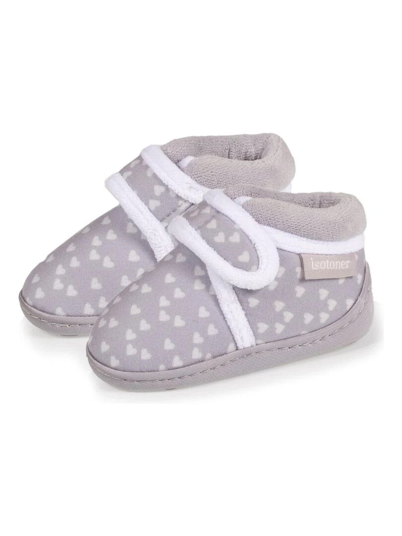 Chaussons bottillons velcro Bébé Cœurs Gris Gris