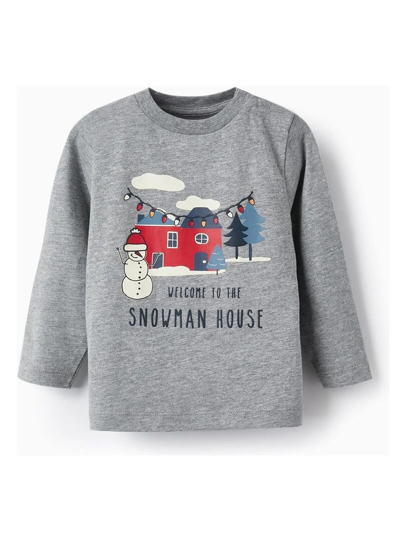 T shirt en coton pour bébé garçon 'Snowman House' manches longues NOËL Gris