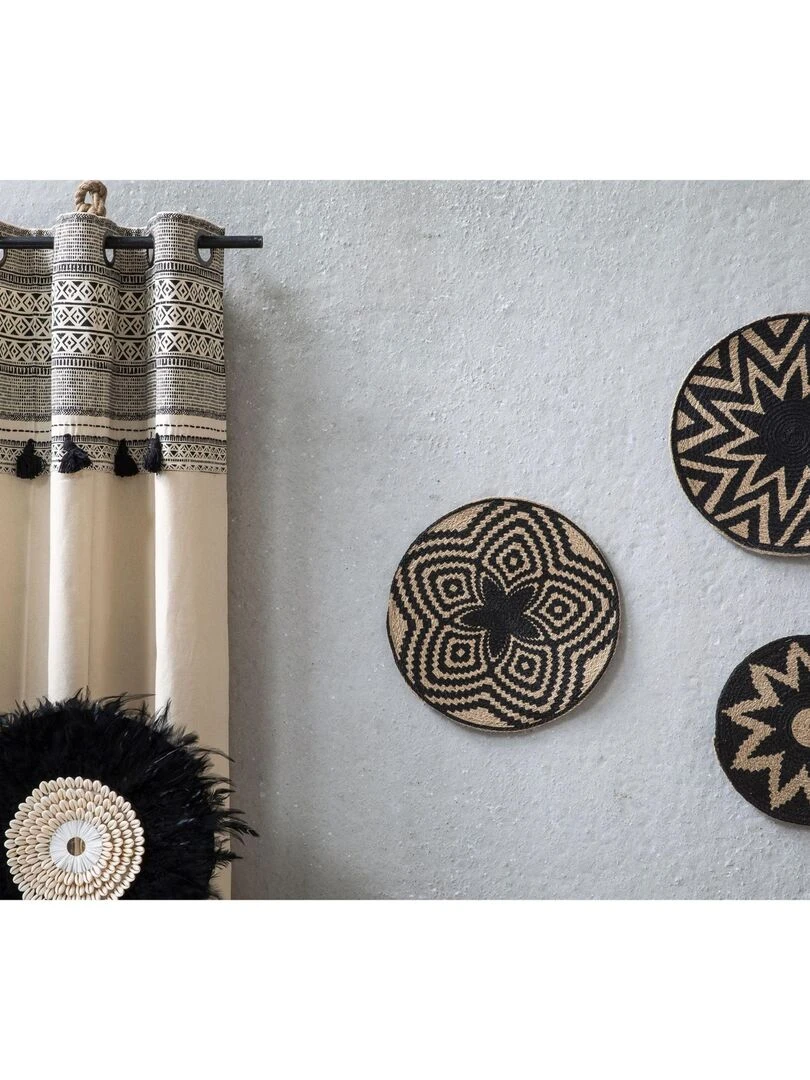 Rideau en coton avec œillets et pompons imprimé AFRICA 'Deko&co'   Blanc Gris Noir