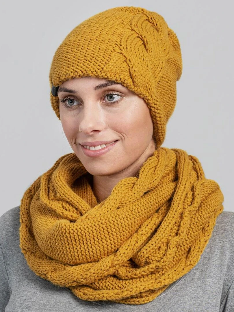 Ensemble Snood Bonnet Moyna Made in UE Jaune moutarde