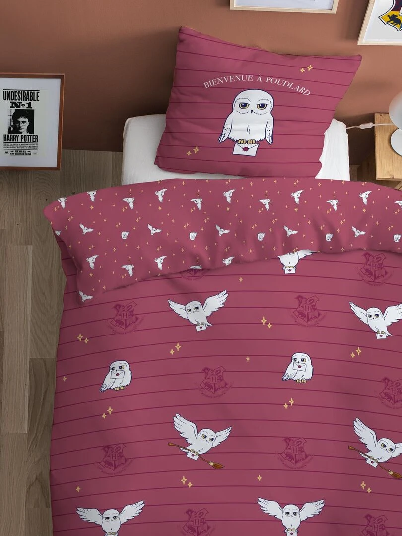 Parure de lit imprimée en flanelle de coton HARRY POTTER HEDWIGE Bordeaux