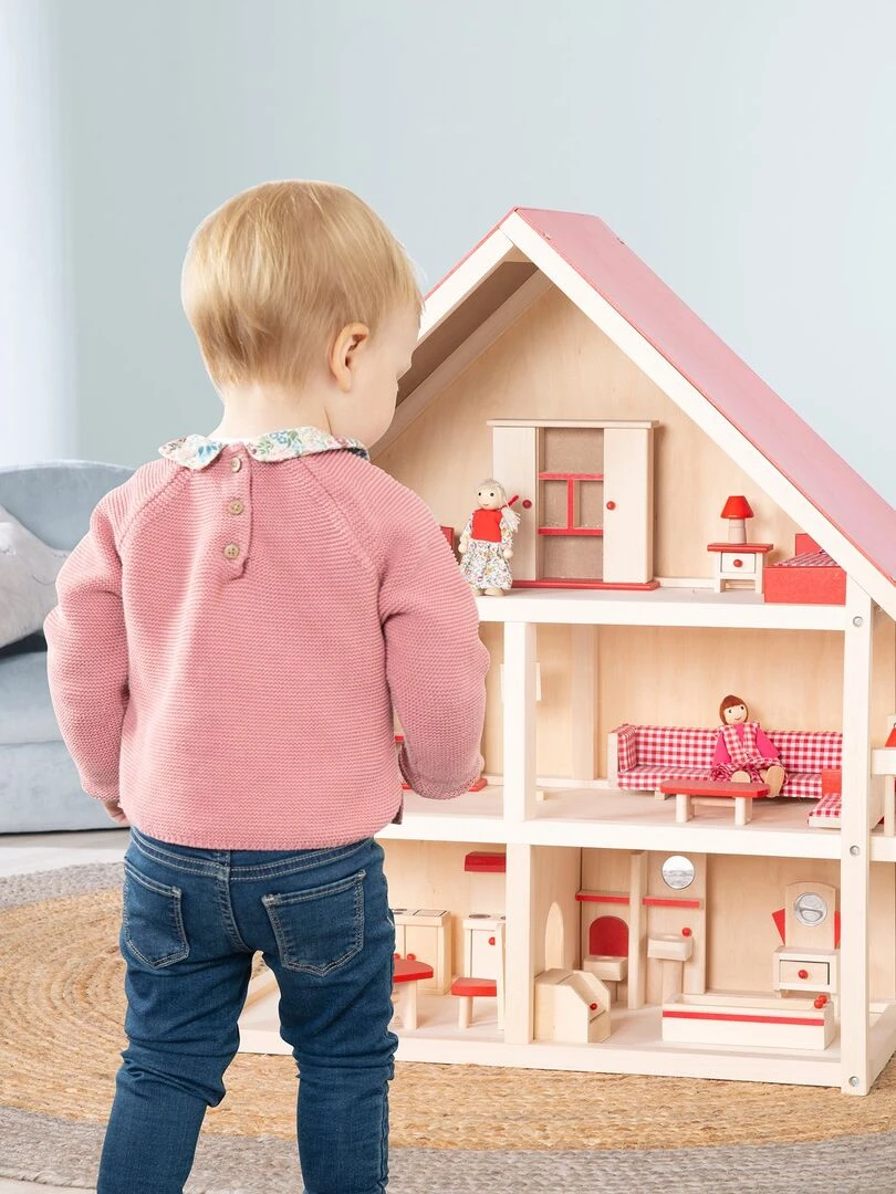 ROBA Maison de poupée + meubles et poupées – bois naturel/rouge N/A