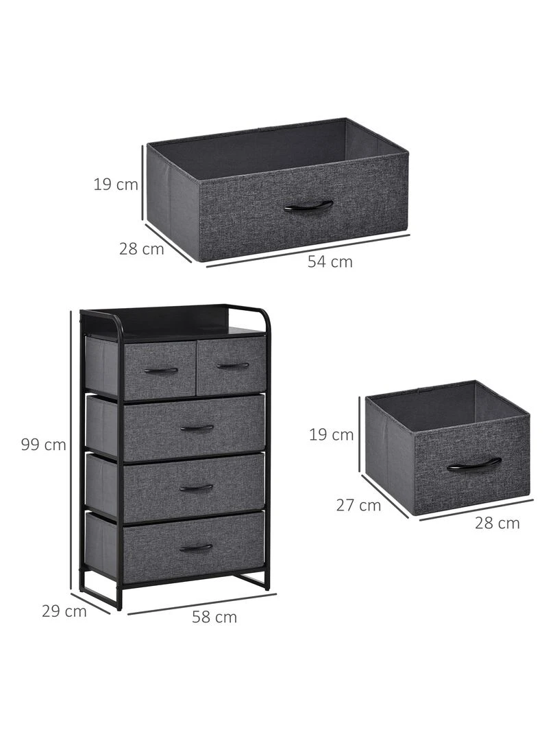 Commode meuble de rangement 5 tiroirs pliables en tissu 58 x 29 x 99 cm   Gris