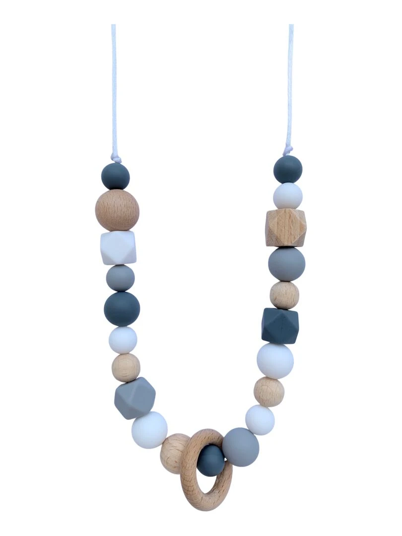 Collier d'allaitement ou de portage silicone et bois 'Grey & wood ring' Gris clair