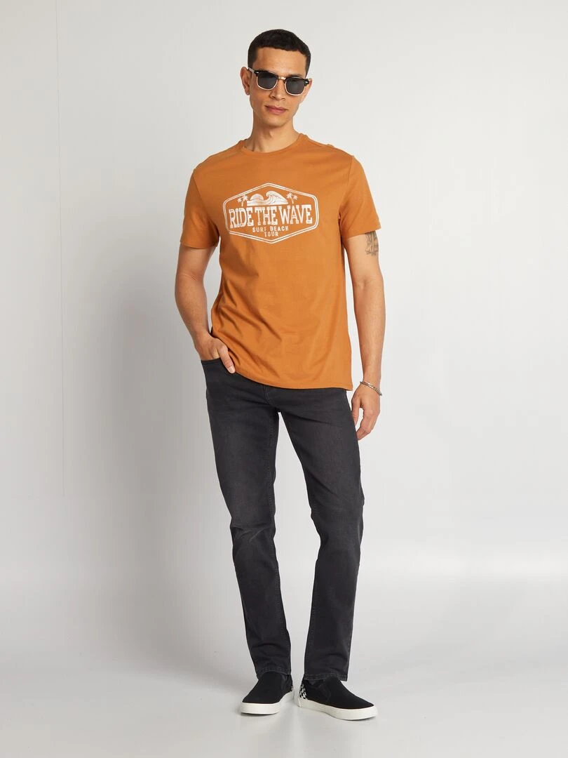 T shirt en coton imprimé à col rond Marron