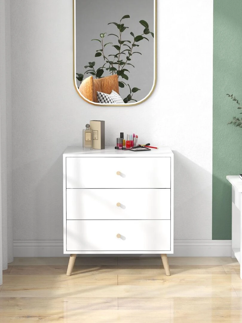 Commode 3 tiroirs design scandinave bois pin MDF blanc Blanc